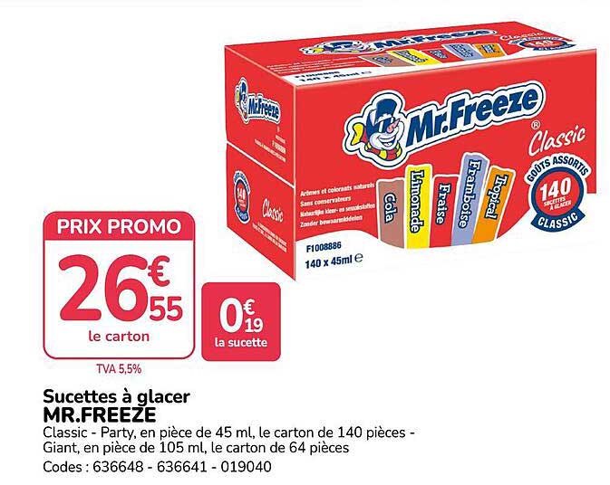 Sucettes à glacer MR.FREEZE Classic - Party, en pièce de 45 ml, le carton de 140 pièces - Giant, en pièce de 105 ml, le carton de 64 pièces