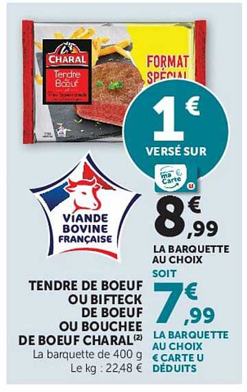 TENDRE DE BOEUF OU BIFTECK DE BOEUF OU BOUCHEE DE BOEUF OU DE CHARAL