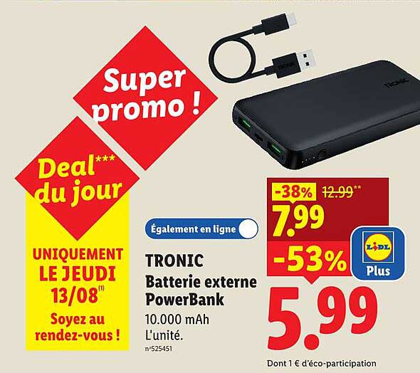 TRONIC Batterie externe PowerBank 10.000 mAh L'unité.