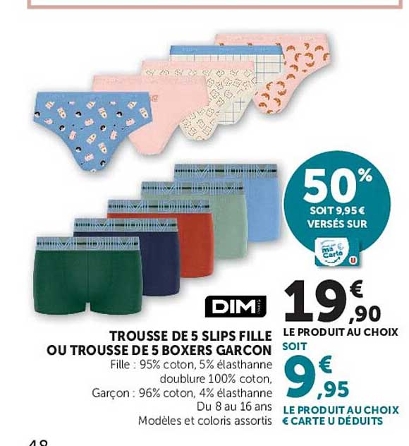 TROUSSE DE 5 SLIPS FILLE OU TROUSSE DE 5 BOXERS GARCON