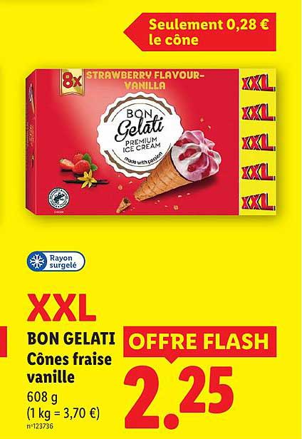 XXL BON GELATI Cônes fraise vanille 608 g (1 kg = 3,70 €) OFFRE FLASH