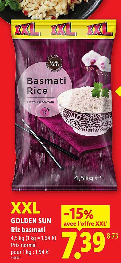 XXL GOLDEN SUN Riz basmati 4,5 kg (1 kg = 1,64 €) Prix normal pour 1 kg : 1,94 €