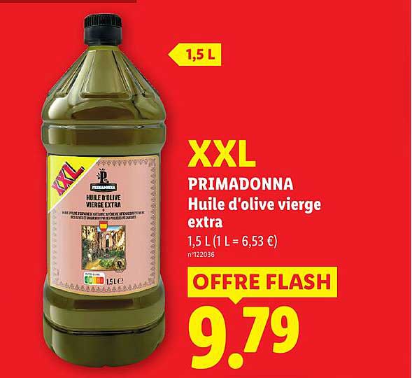 XXL PRIMADONNA Huile d'olive vierge extra 1,5 L (1 L = 6,53 €) OFFRE FLASH