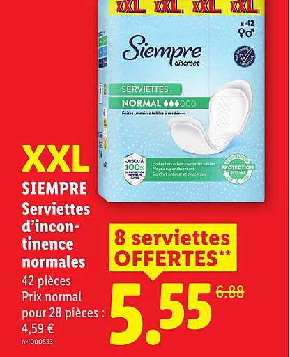 XXL SIEMPRE Serviettes d’incontinence normales 42 pièces