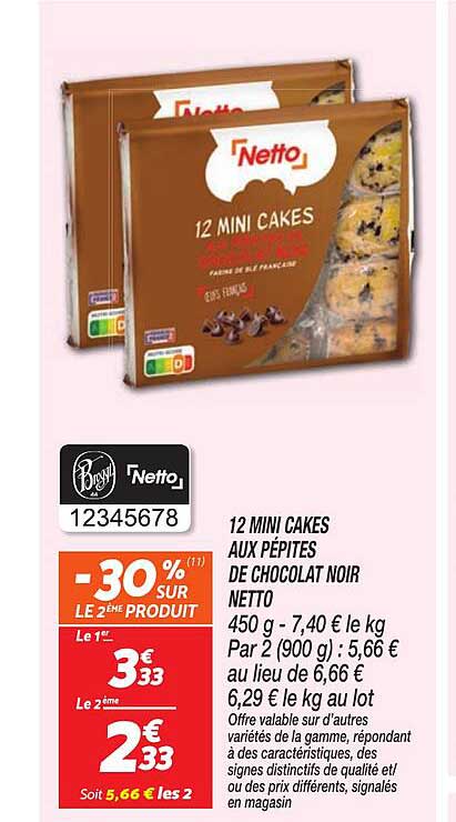 12 MINI CAKES AUX PÉPITES DE CHOCOLAT NOIR NETTO