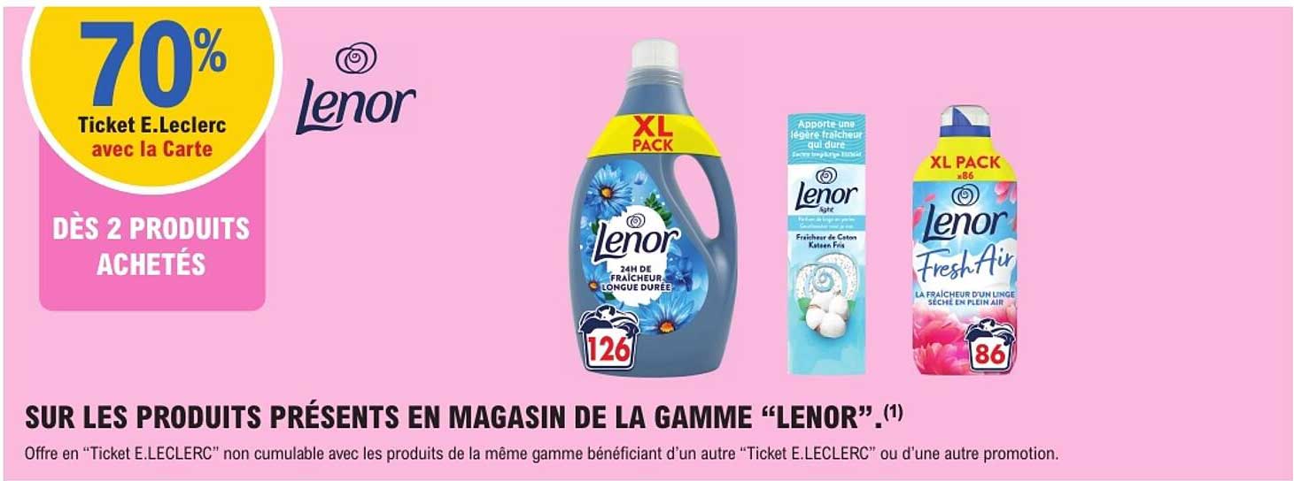 70% Ticket E.Leclerc avec la Carte dès 2 produits achetés sur les produits présents en magasin de la gamme “Lenor”