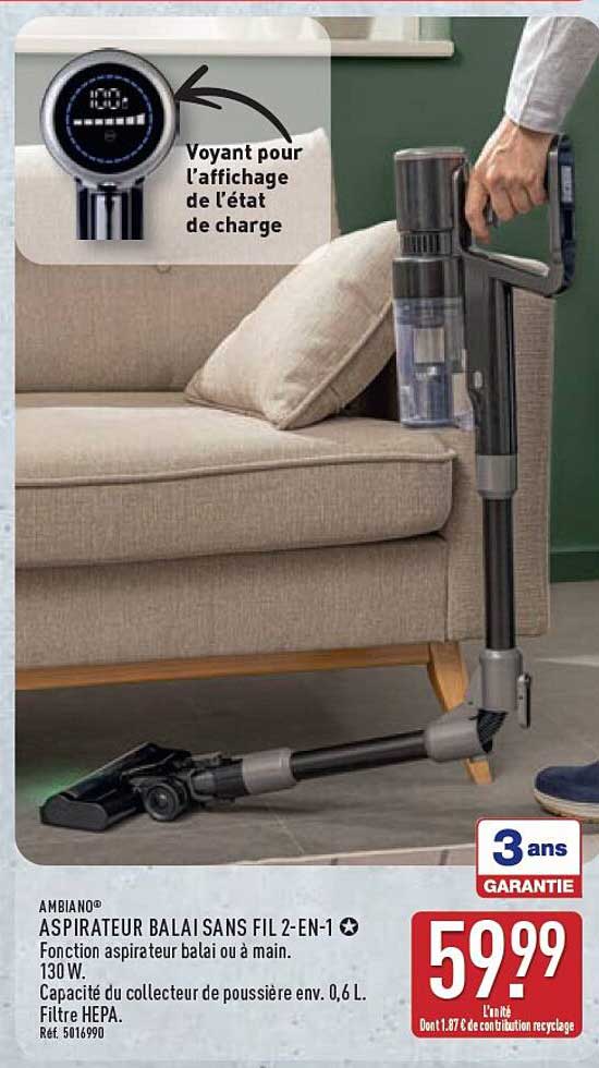AMBIANO® ASPIRATEUR BALAI SANS FIL 2-EN-1