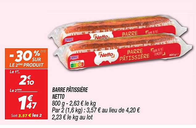 BARRE PÂTISSIÈRE
NETTO
800 g - 2,63 € le kg
Par 2 (1,6 kg) : 3,57 € au lieu de 4,20 €
2,23 € le kg au lot