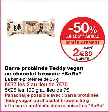 Barre protéinée Teddy vegan au chocolat brownie “KoRo”