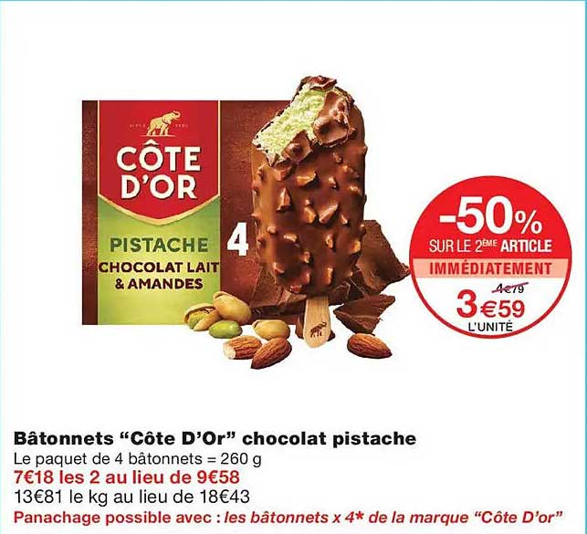 Bâtonnets “Côte D’Or” chocolat pistache