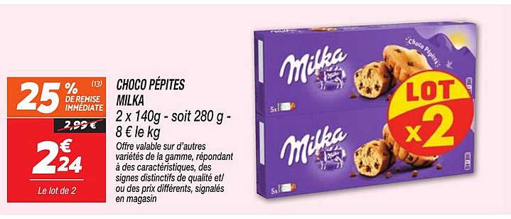 CHOCO PÉPITES MILKA 2 x 140g - soit 280 g - 8 € le kg