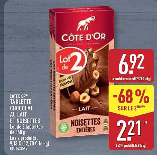 CÔTE D'OR® TABLETTE CHOCOLAT AU LAIT ET NOISETTES