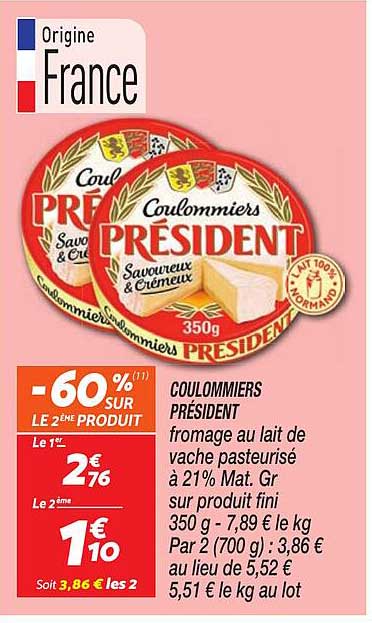 COULOMMIERS PRÉSIDENT fromage au lait de vache pasteurisé à 21% Mat. Gr sur produit fini 350 g