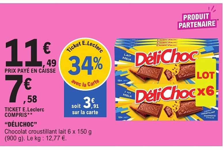“DÉLICHOC” Chocolat croustillant lait 6 x 150 g (900 g). Le kg : 12,77 €.
