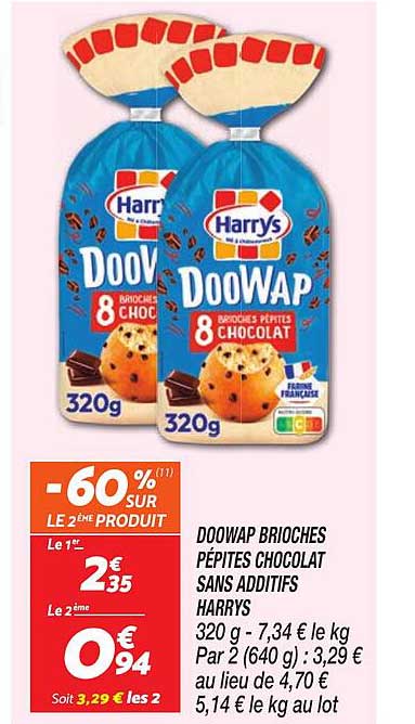 DOOWAP BRIOCHES PÉPITES CHOCOLAT SANS ADDITIFS HARRYS