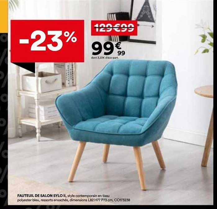 FAUTEUIL DE SALON SYLO II, style contemporain en tissu polyester bleu, ressorts ensachés, dimensions L82 H77 P73 cm, C0173238