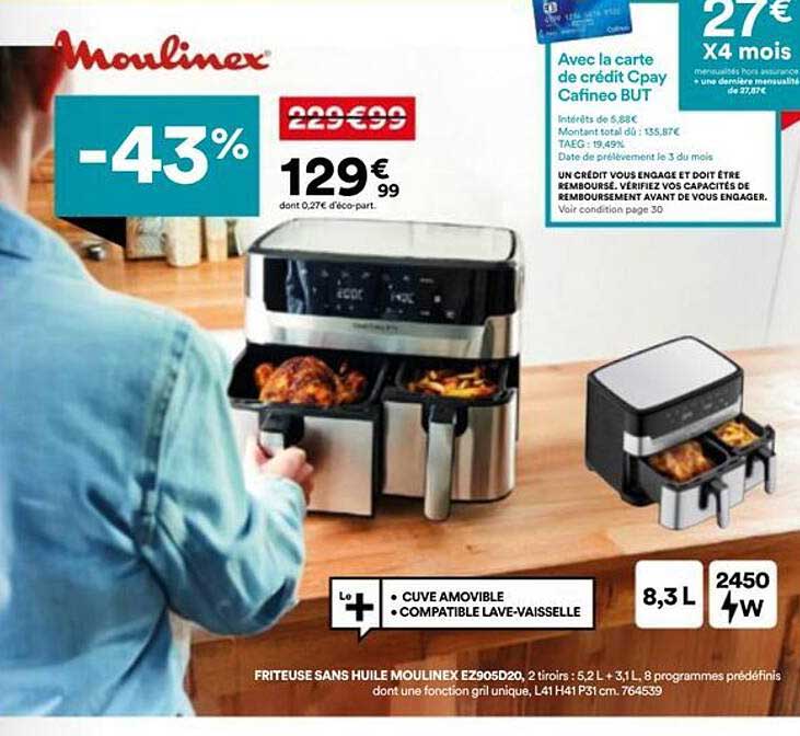 Friteuse sans huile Moulinex EZ905D20, 2 tiroirs : 5,2 L + 3,1L, 8 programmes prédéfinis