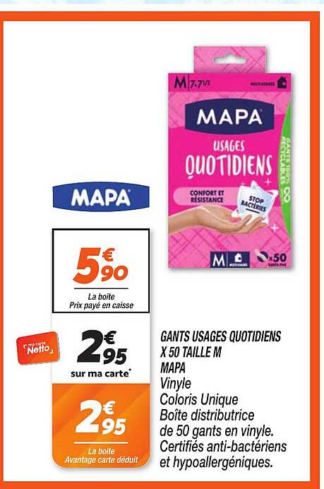 GANTS USAGES QUOTIDIENS X 50 TAILLE M MAPA Vinyle Coloris Unique Boîte distributrice de 50 gants en vinyle. Certifiés anti-bactérien et hypoallergéniques.