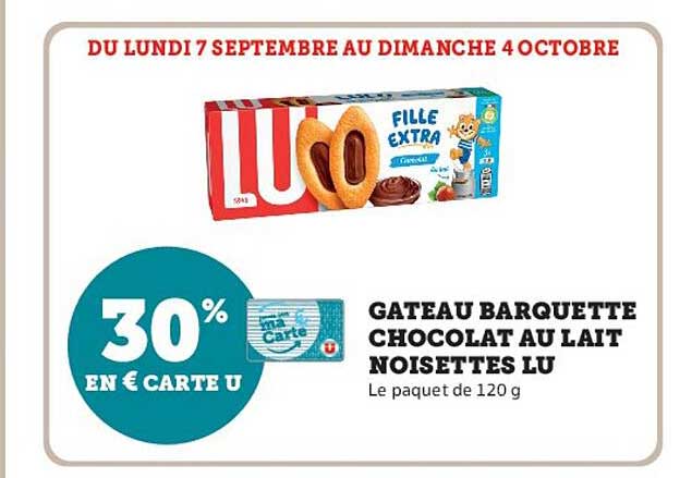 GATEAU BARQUETTE CHOCOLAT AU LAIT NOISETTES LU
