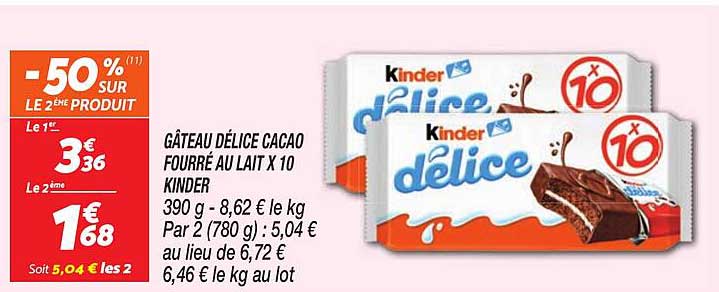 GÂTEAU DÉLICE CACAO FOURRÉ AU LAIT X 10 KINDER