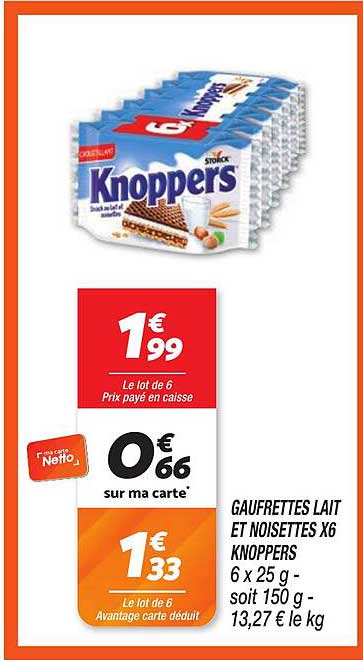 GAUFRETTES LAIT ET NOISETTES X6 KNOPPERS