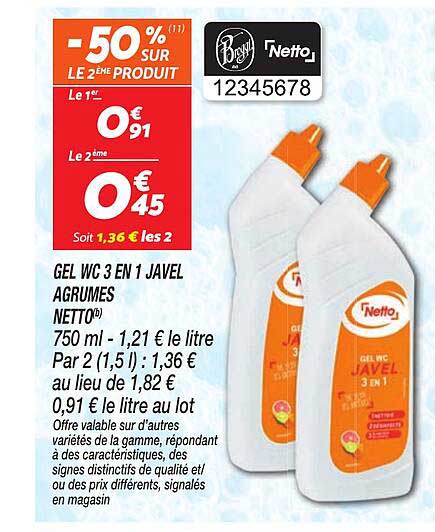 GEL WC 3 EN 1 JAVEL AGRUMES NETTO 750 ml - 1,21 € le litre