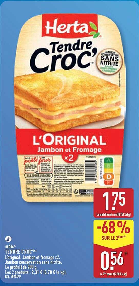 Herta Tendre Croc L'original Jambon et fromage x2. Jambon conservation sans nitrite.