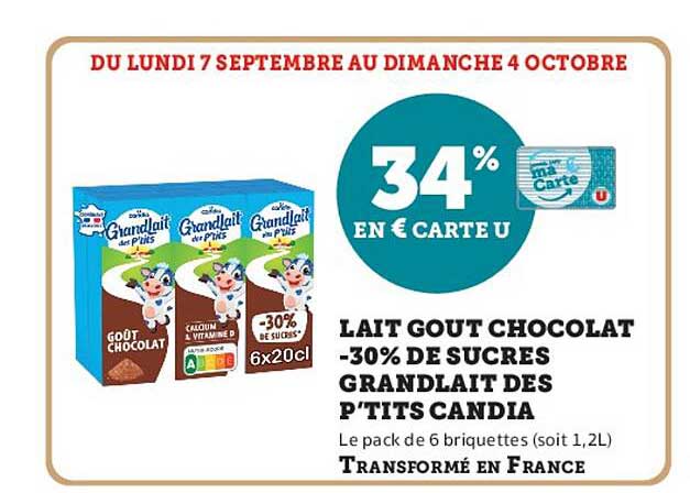 LAIT GOUT CHOCOLAT -30% DE SUCRES GRANDLAIT DES P’TITS CANDIA