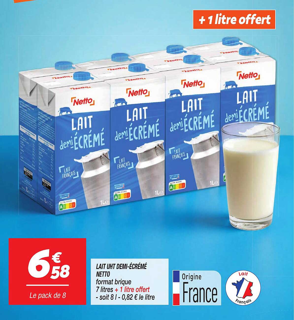 LAIT UHT DEMI-ÉCRÉMÉ NETTO format brique 7 litres + 1 litre offert