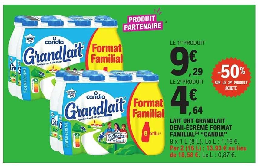 LAIT UHT GRANDLAIT DEMI-ÉCRÉMÉ FORMAT FAMILIAL “CANDIA”