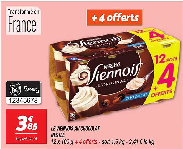 LE VIENNOIS AU CHOCOLAT NESTLÉ 12 x 100 g + 4 offerts - soit 1,6 kg - 2,41 € le kg