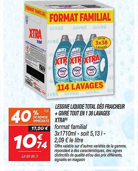 LESSIVE LIQUIDE TOTAL DÉO FRAÎCHEUR GIVRÉ TOUT EN 1 38 LAVAGES XTRA