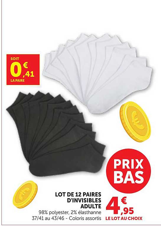 LOT DE 12 PAIRES D'INVISIBLES ADULTE