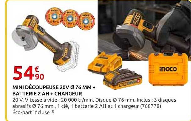 MINI DÉCOUPEUSE 20V Ø 76 MM + BATTERIE 2 AH + CHARGEUR