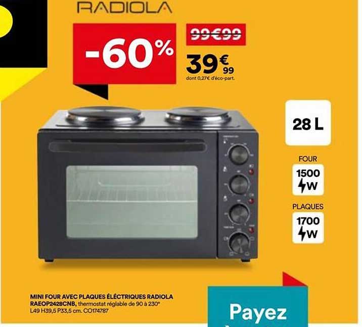 MINI FOUR AVEC PLAQUES ÉLECTRIQUES RADIOLA RAEOP2428CNB, thermostat réglable de 90 à 230°