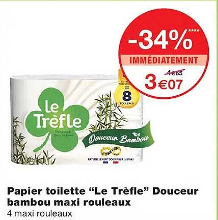Papier toilette “Le Trèfle” Douceur bambou maxi rouleaux