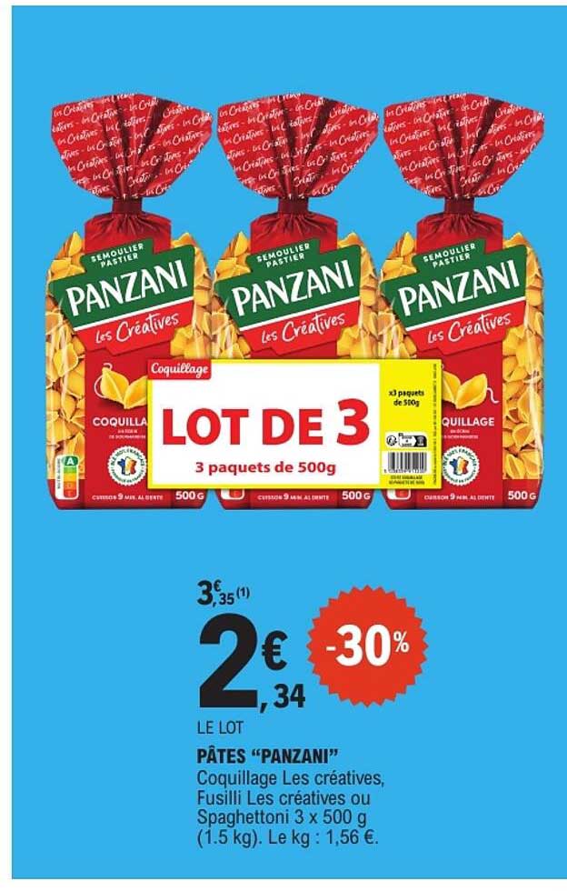 PÂTES “PANZANI” Coquillage Les créatives, Fusilli Les créatives ou Spaghettoni 3 x 500 g (1,5 kg)