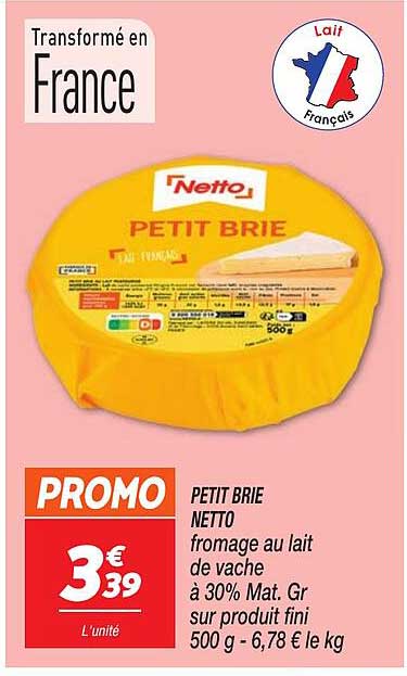 PETIT BRIE NETTO fromage au lait de vache à 30% Mat. Gr sur produit fini 500 g - 6,78 € le kg