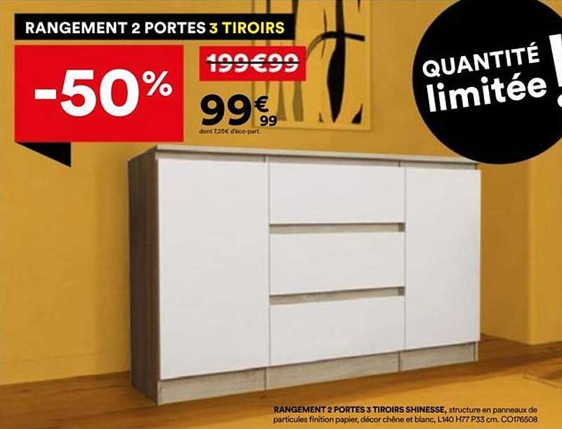 RANGEMENT 2 PORTES 3 TIROIRS SHINESSE, structure en panneaux de particules finition papier, décor chêne et blanc, L140 H77 P33 cm. C0176508