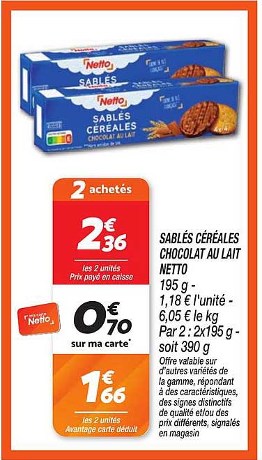 SABLÉS CÉRÉALES CHOCOLAT AU LAIT NETTO 195 g