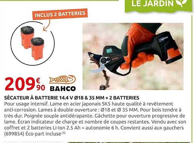 SÉCATEUR À BATTERIE 14.4 V Ø18 & 35 MM + 2 BATTERIES