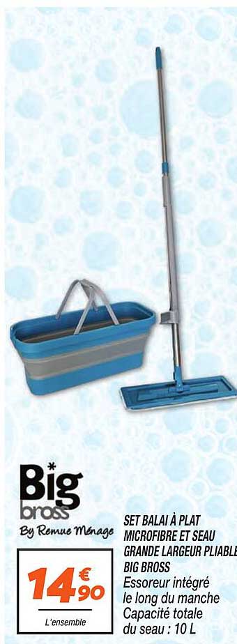 SET BALAI À PLAT MICROFIBRE ET SEAU GRANDE LARGEUR PLIABLE BIG BROSS