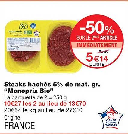 Steaks hachés 5% de mat. gr. “Monoprix Bio”