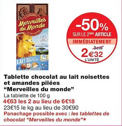 Tablette chocolat au lait noisettes et amandes pilées “Merveilles du monde”