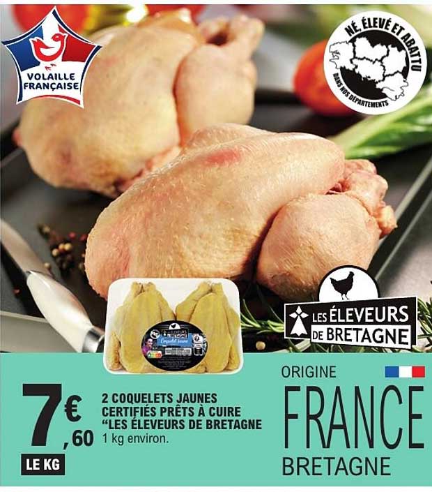 2 COQUELETS JAUNES CERTIFIÉS PRÊTS À CUIRE «LES ÉLEVEURS DE BRETAGNE» 1 kg environ.