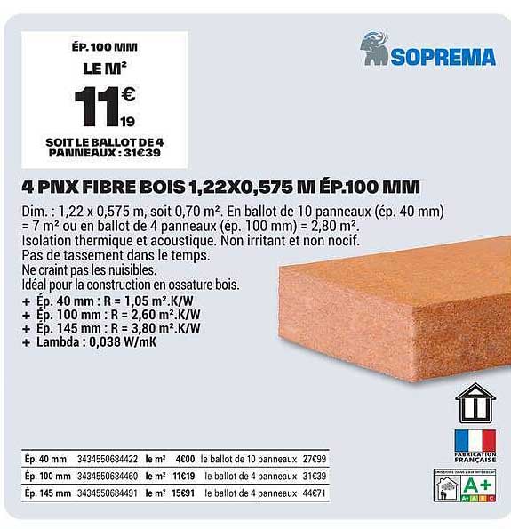 4 PNX FIBRE BOIS 1,22X0,575 M ÉP.100 MM