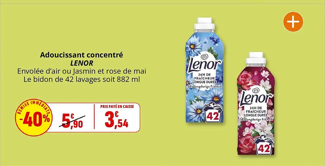 Adoucissant concentré LENOR Envolée d’air ou Jasmin et rose de mai Le bidon de 42 lavages soit 882 ml