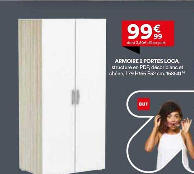 ARMOIRE 2 PORTES LOCA, structure en PDP, décor blanc et chêne, L79 H166 P52 cm. 168541-2