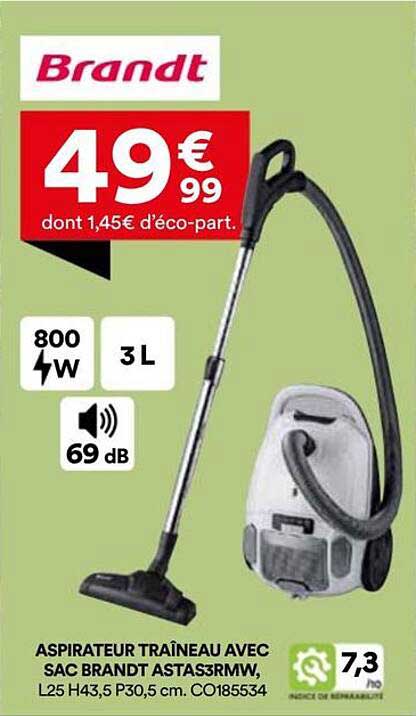 ASPIRATEUR TRAÎNEAU AVEC SAC BRANDT ASTA63RMW, L25 H43,5 P30,5 cm. CO185534