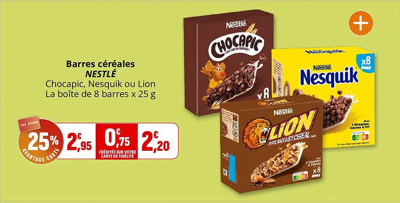 Barres céréales NESTLÉ Chocapic, Nesquik ou Lion La boîte de 8 barres x 25 g